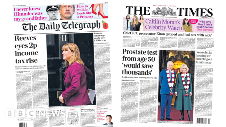 Newspaper headlines: ‘Reeves eyes income tax rise’ and ‘prostate test would save thousands’